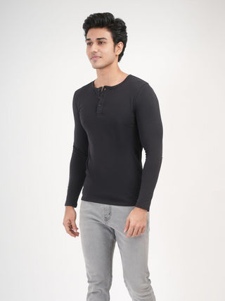 Power Fit - Henley Neck Long Sleeve - Charcoal Black