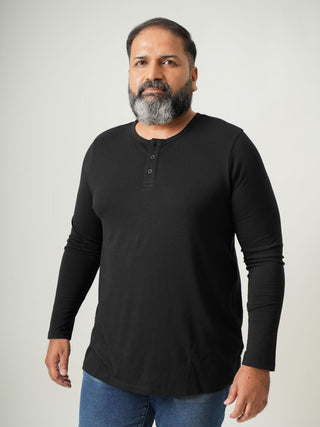 Balanced Fit - Henley Neck Long Sleeve - Charcoal Black