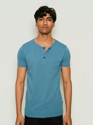 Sleek Fit- Henley Neck Short Sleeve- Cobalt Blue