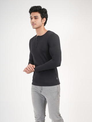 Power Fit - Henley Neck Long Sleeve - Charcoal Black