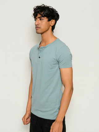 Sleek Fit- Henley Neck Short Sleeve- Sage Blue