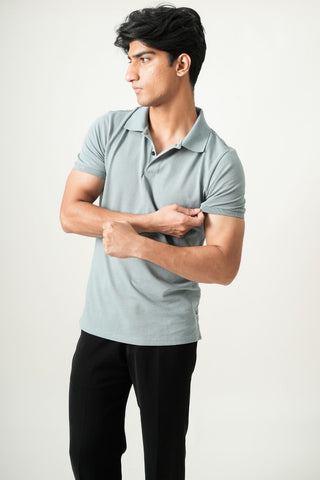 V-Taper Fit (V-fit) - Button Polo Short Sleeve - Sage Blue