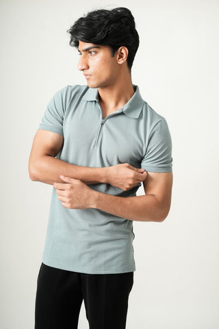 V-Taper Fit (V-fit) - Zip Polo Short Sleeve - Sage Blue