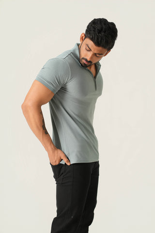 Power Fit - Zip Polo Short Sleeve - Sage Blue