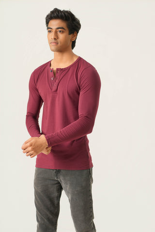 Sleek Fit- Henley Neck Long Sleeve- Red Rock