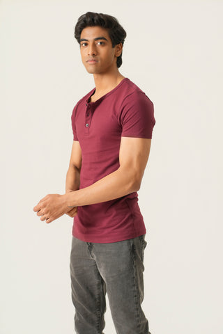 Sleek Fit- Henley Neck Short Sleeve- Red Rock