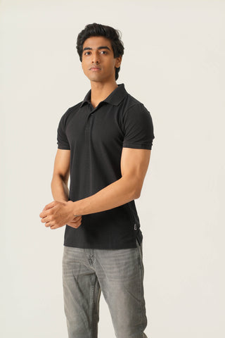 Sleek Fit - Button Polo Short Sleeve - Charcoal Black