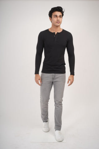 Sleek Fit- Henley Neck Long Sleeve- Charcoal Black