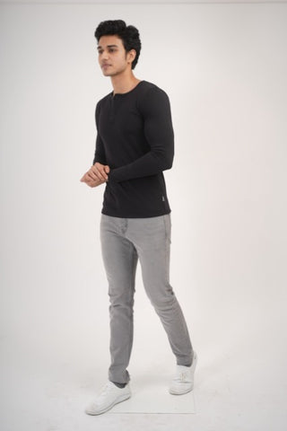 Sleek Fit- Henley Neck Long Sleeve- Charcoal Black