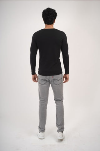 Sleek Fit- Henley Neck Long Sleeve- Charcoal Black