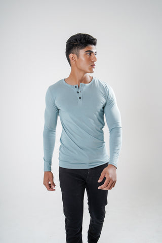 Power Fit - Henley Neck Long Sleeve - Sage Blue